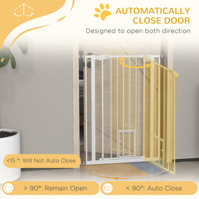 PawHut Extra Tall Pet Gate, Indoor Dog Safety Gate, with Cat Flap, Auto Close, 74-80cm Wide - White 