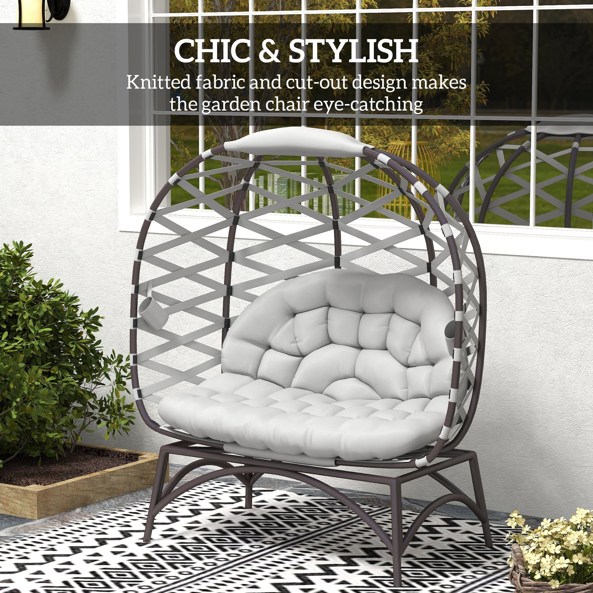 Outsunny 2 Seater Egg Chair Outdoor, Folding Weave Garden Furniture Chair with Cushion, Cup Pockets - Light Grey 