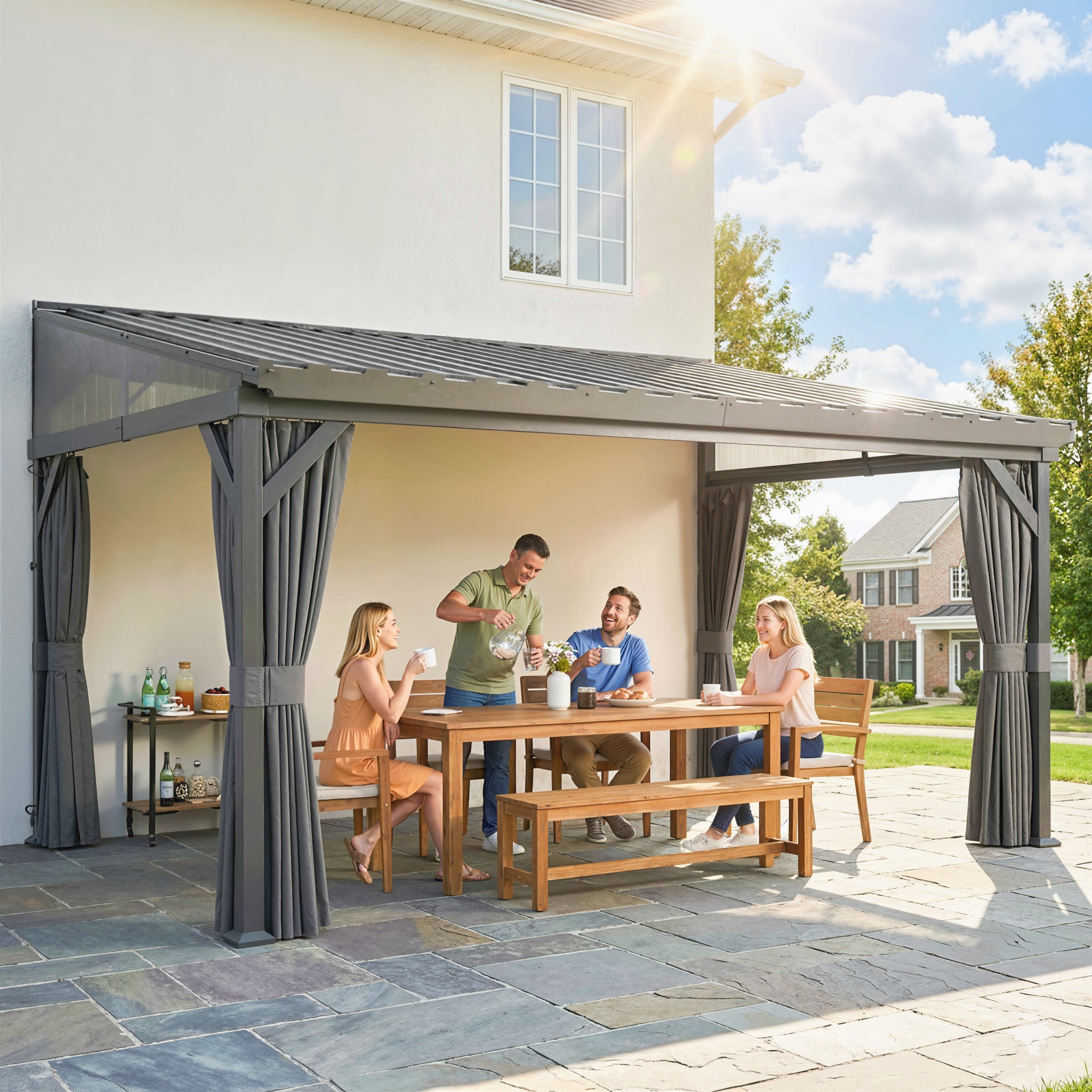 Outsunny 4.3 x 3 m Garden Pergola with Galvanised Steel Roof, Lean to Pergola Gazebo with Netting Curtains, Dark Grey 