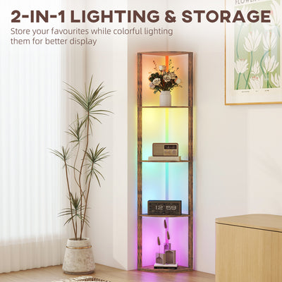 HOMCOM RGB LED Floor Lamp with Shelves, 5-Tier Dimmable Standing Lamp with Adjustable Brightness and Remote Control, Modern Corner Display Shelf Unit for Living Room Bedroom Office, Rustic Brown 