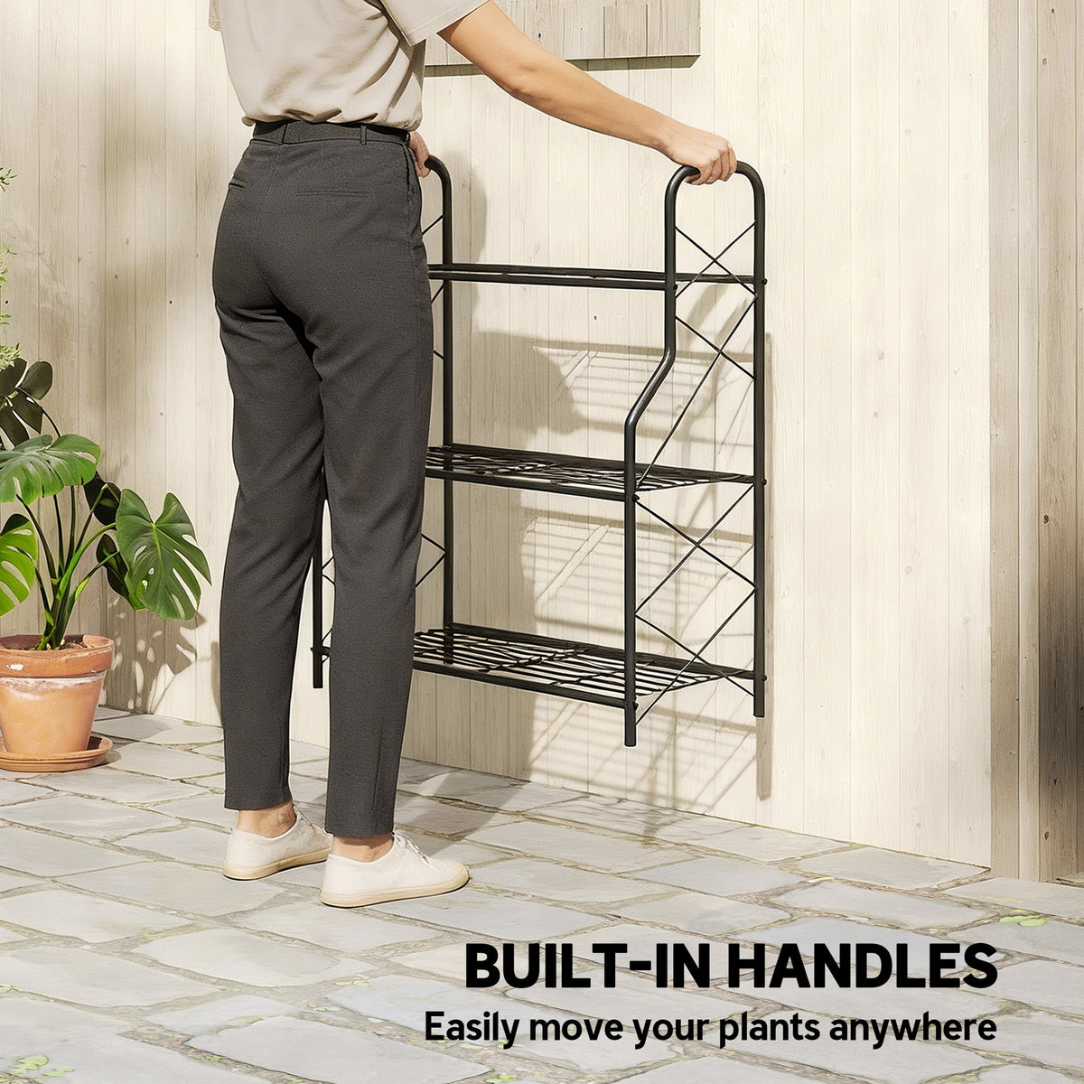 Outsunny 3-Tier Metal Plant Stand, Heavy Duty Ladder Shelf Potted Plants Display Rack, Indoor Outdoor Flower Pot Holder 