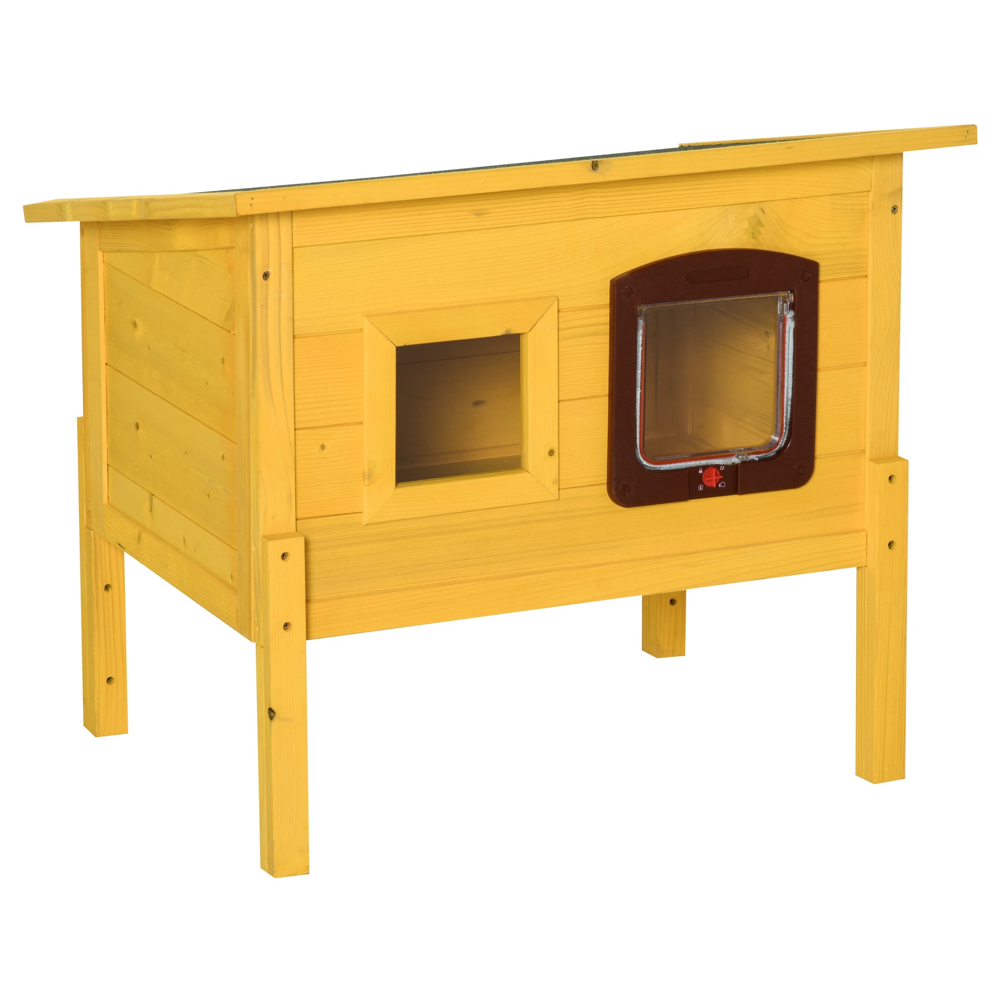 Pawhut Garden Wooden Cat House Hide Cage Outdoor Pet Play Home Water-resistant Roof Kitty Shelter Kennel w/ith Door & Window 