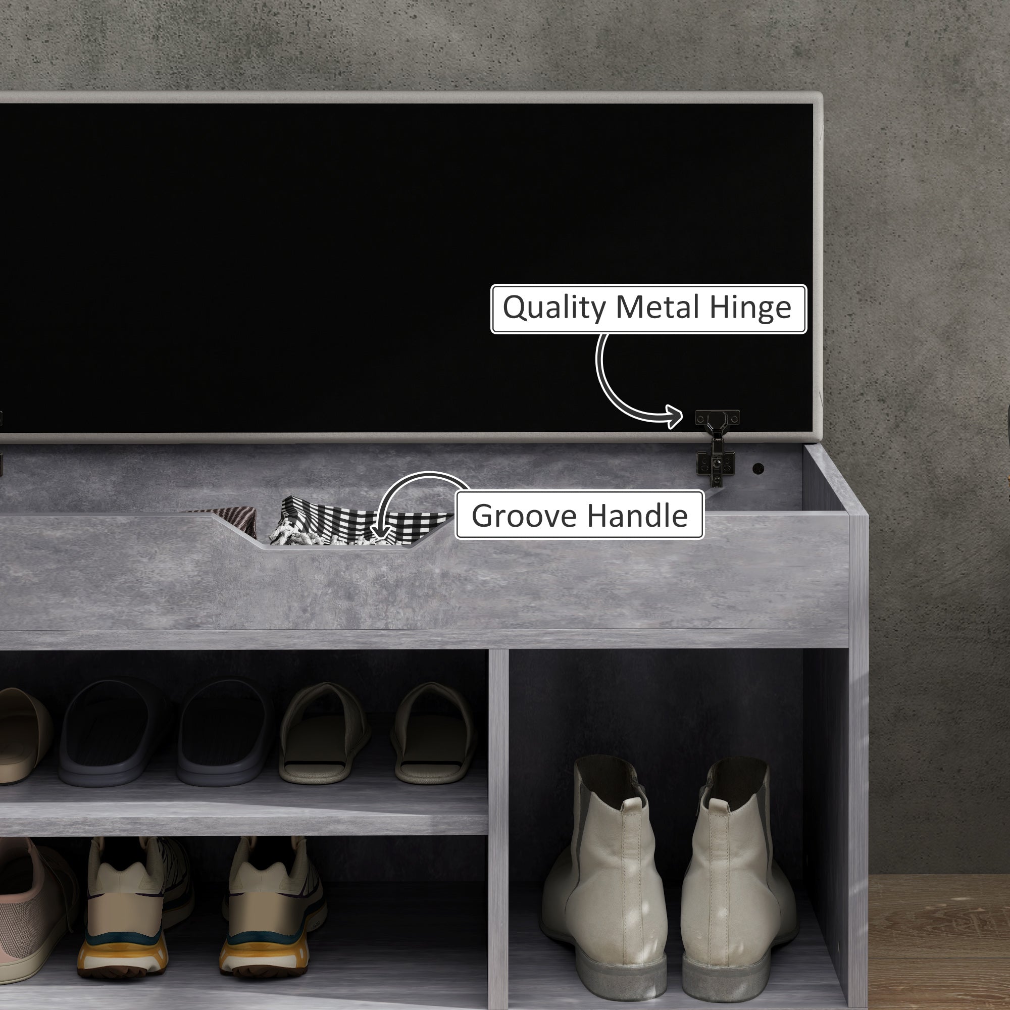 HOMCOM Shoes Cabinet Bench Hidden Storage Padded Seat Organiser Footwear Rack Hallway Grey Wood Grain 