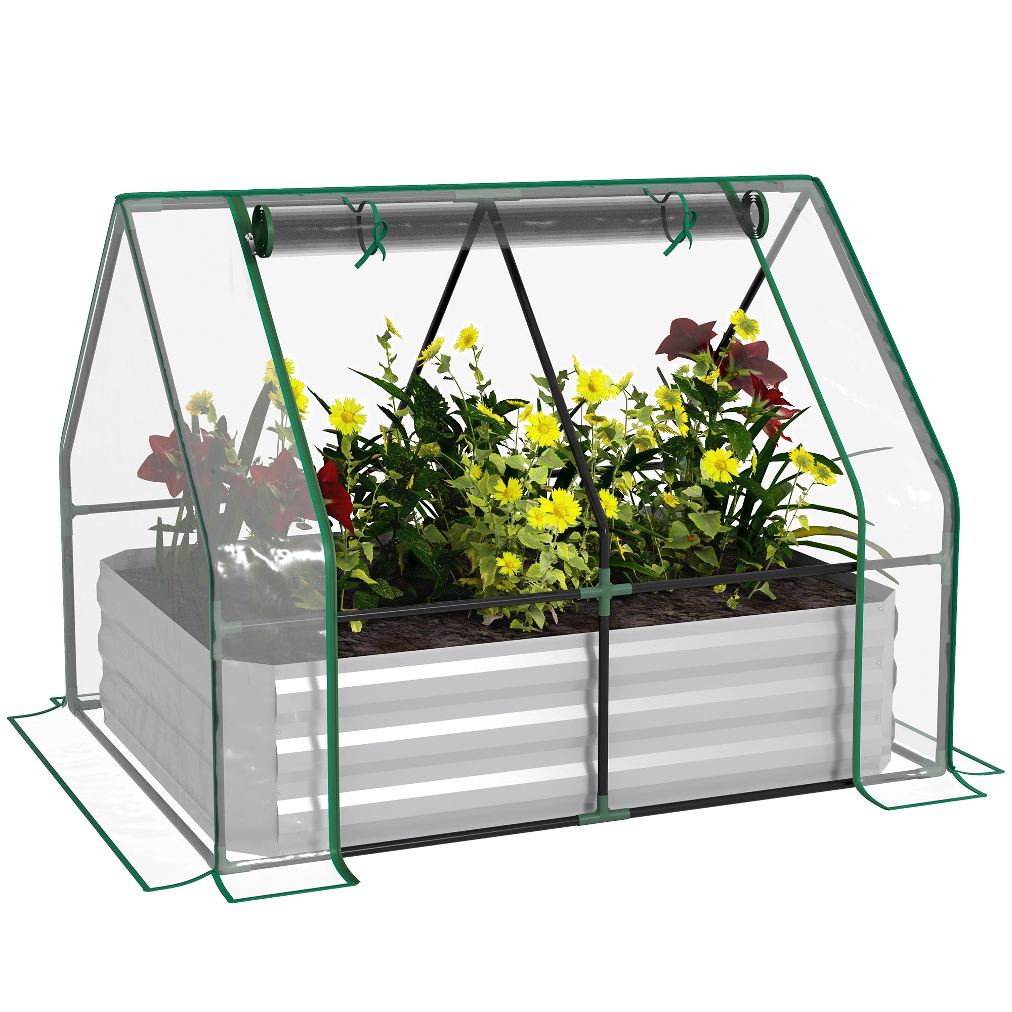 Outsunny Raised Garden Bed with Greenhouse, Steel Planter Box with Plastic Cover, Roll Up Window, Dual Use for Flowers, Vegetables, Fruits and Herbs, 127L x 95W x 92H cm, Clear 
