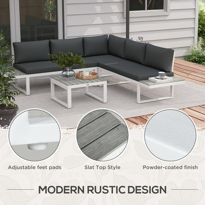 Outsunny 4 Pieces Patio Garden Set with 5-Level Recline Corner Sofa, Outdoor Garden Lounge Sectional Conversation Sofa Set with Cushions, Wood Grain Plastic Table, White  Frame Grey Cushion 