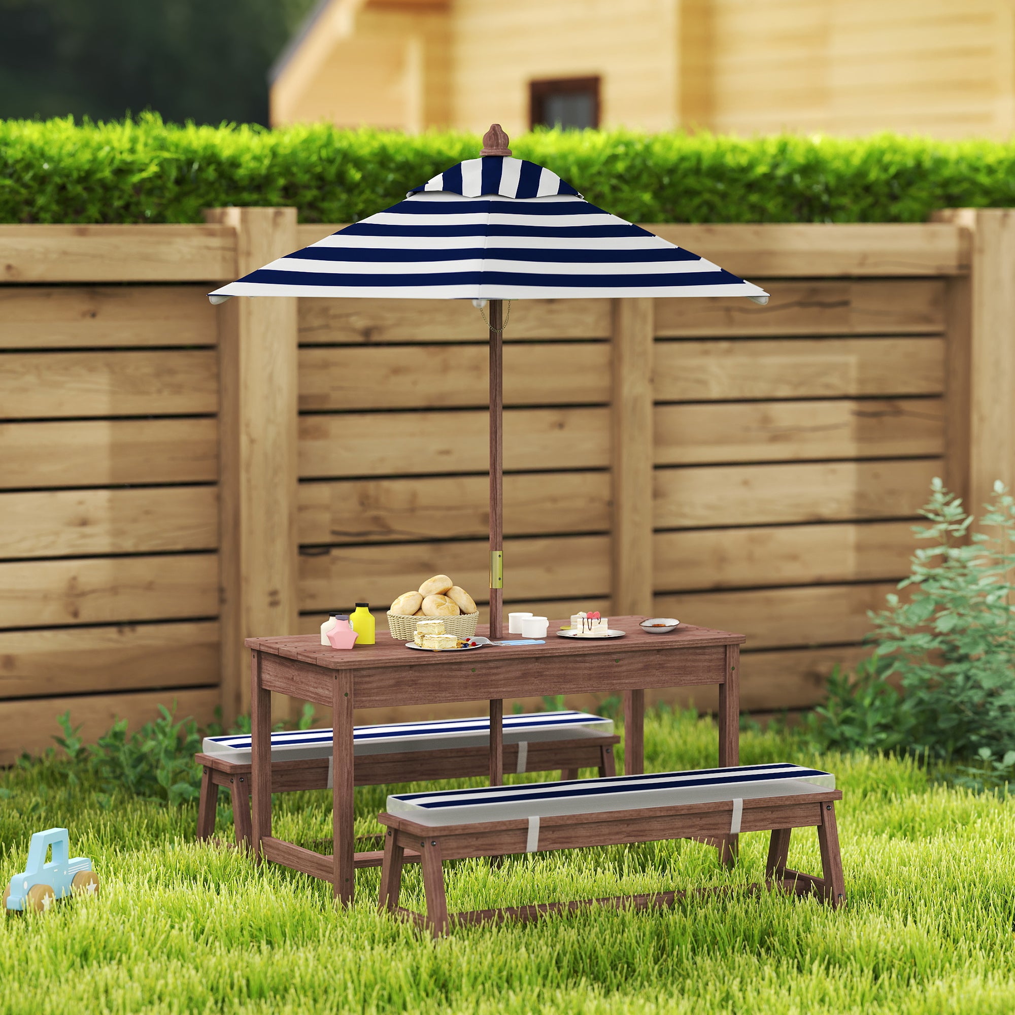 AIYAPLAY Outdoor Wooden Kids Picnic Table & Bench Set with Cushions and Umbrella, for Patio, Garden, Navy Blue 