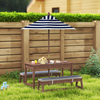 AIYAPLAY Outdoor Wooden Kids Picnic Table & Bench Set with Cushions and Umbrella, for Patio, Garden, Navy Blue 