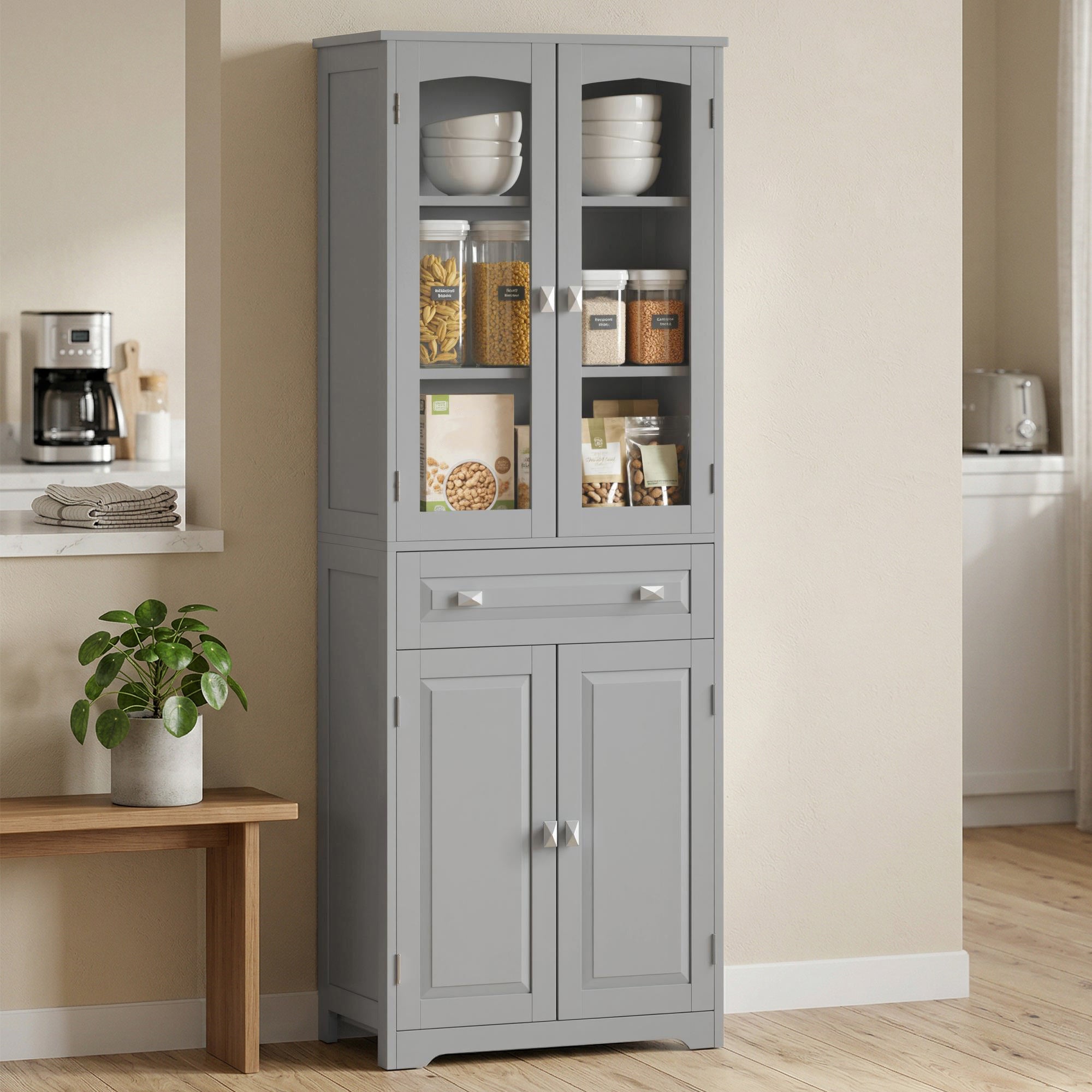 HOMCOM Freestanding Kitchen Cupboard, Storage Cabinet with 2 Adjustable Shelves, Drawer and Glass Door for Living Room, Grey 