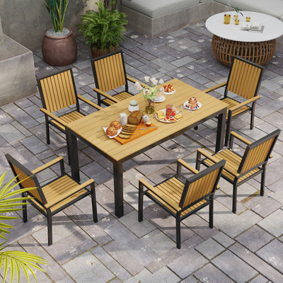 Outsunny 6 Seater Garden Dining Set with Stackable Chairs, Aluminium Frame, Rectangular Plastic Top, Garden Furniture Set, Outdoor Dining Table and Chairs for Patio, Balcony, Poolside, Nature Wood 