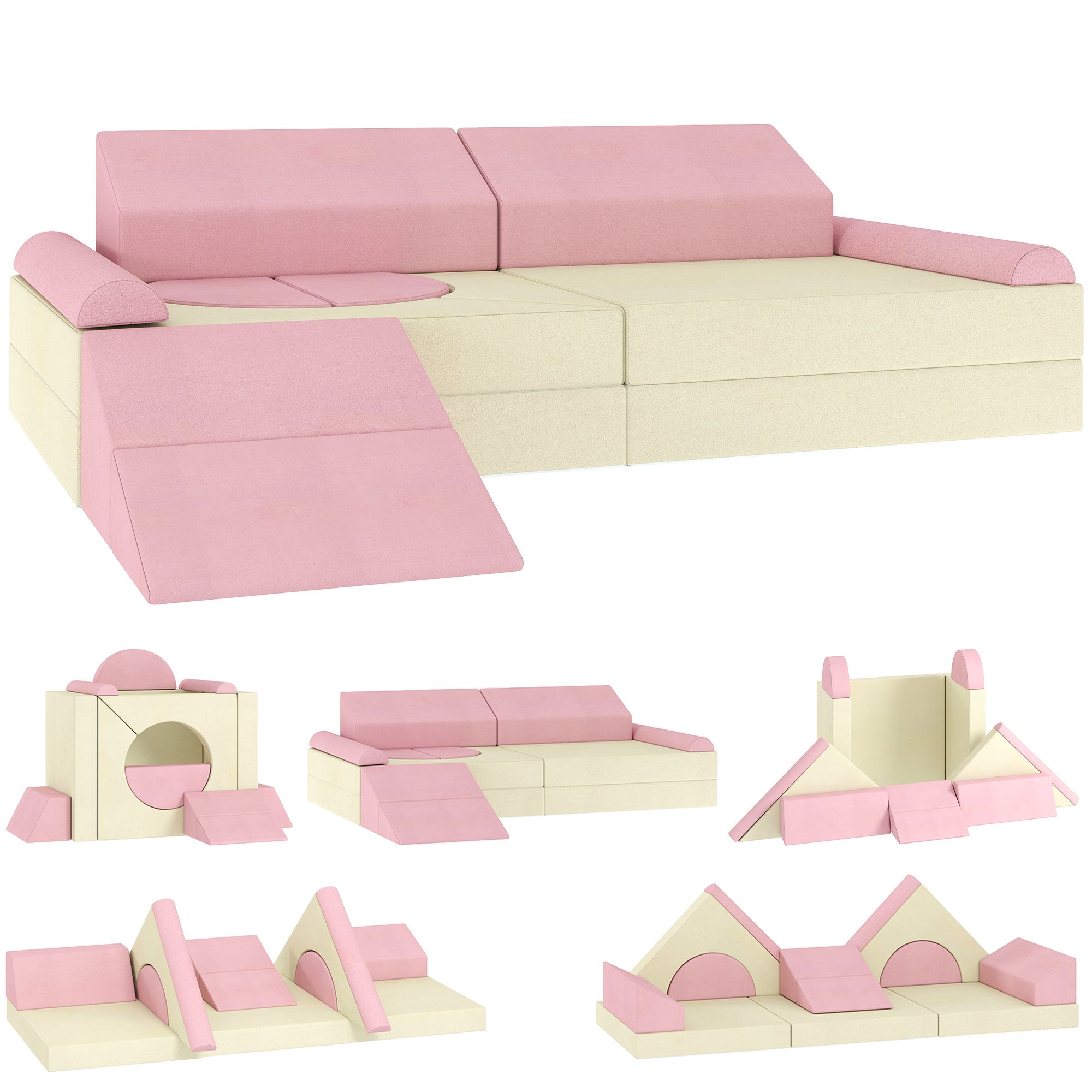 AIYAPLAY Kids Play Sofa, 12 Pieces Foam Modular Soft Play Set for Playroom, Children Convertible Sofa for Boys and Girls, Pink 