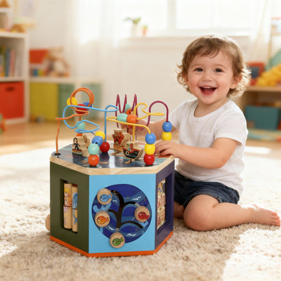 AIYAPLAY Wooden Activity Cube, Baby Toys with Bead Maze, Pattern Sorter for Toddlers Boys and Girls 18+ Months 