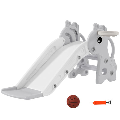 AIYAPLAY 3 in 1 Kids Slide with Climber, Basketball Hoop and Ball, Giraffe Shape Climber Slide for Indoor Kids Age 1-3, Grey 