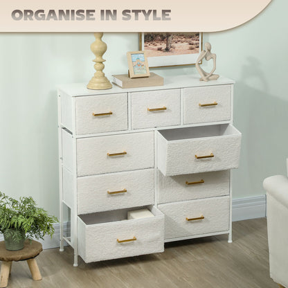 HOMCOM Chest of Drawers with 9 Fabric Drawers, Boucle Storage Organiser with Steel Frame, Fabric Dresser for Bedroom, Living Room, Hallway, Cream White 