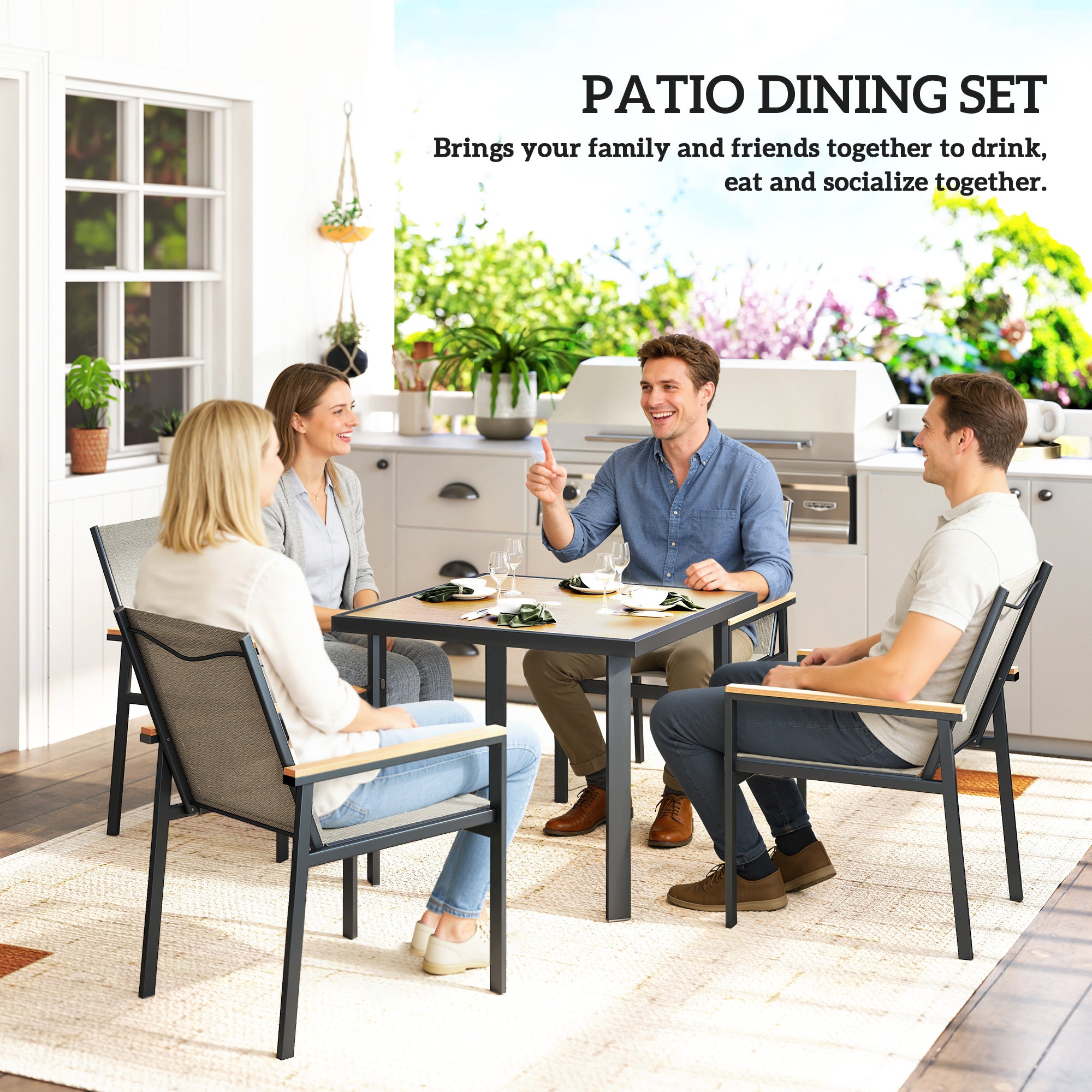 Outsunny Five-Piece Metal Dining Set, with Glass-Top Table - Khaki 