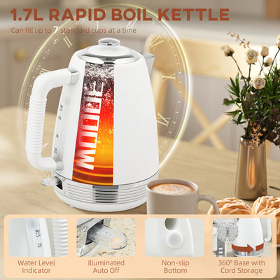 HOMCOM Stainless Steel Kettle and Toaster Set, 1.7L 3000W Rapid Boil Jug Kettle with UK Strix Thermostat, Limescale Filter, 4 Slice Toaster with 7 Browning Controls, Crumb Tray, White and Silver Tone 
