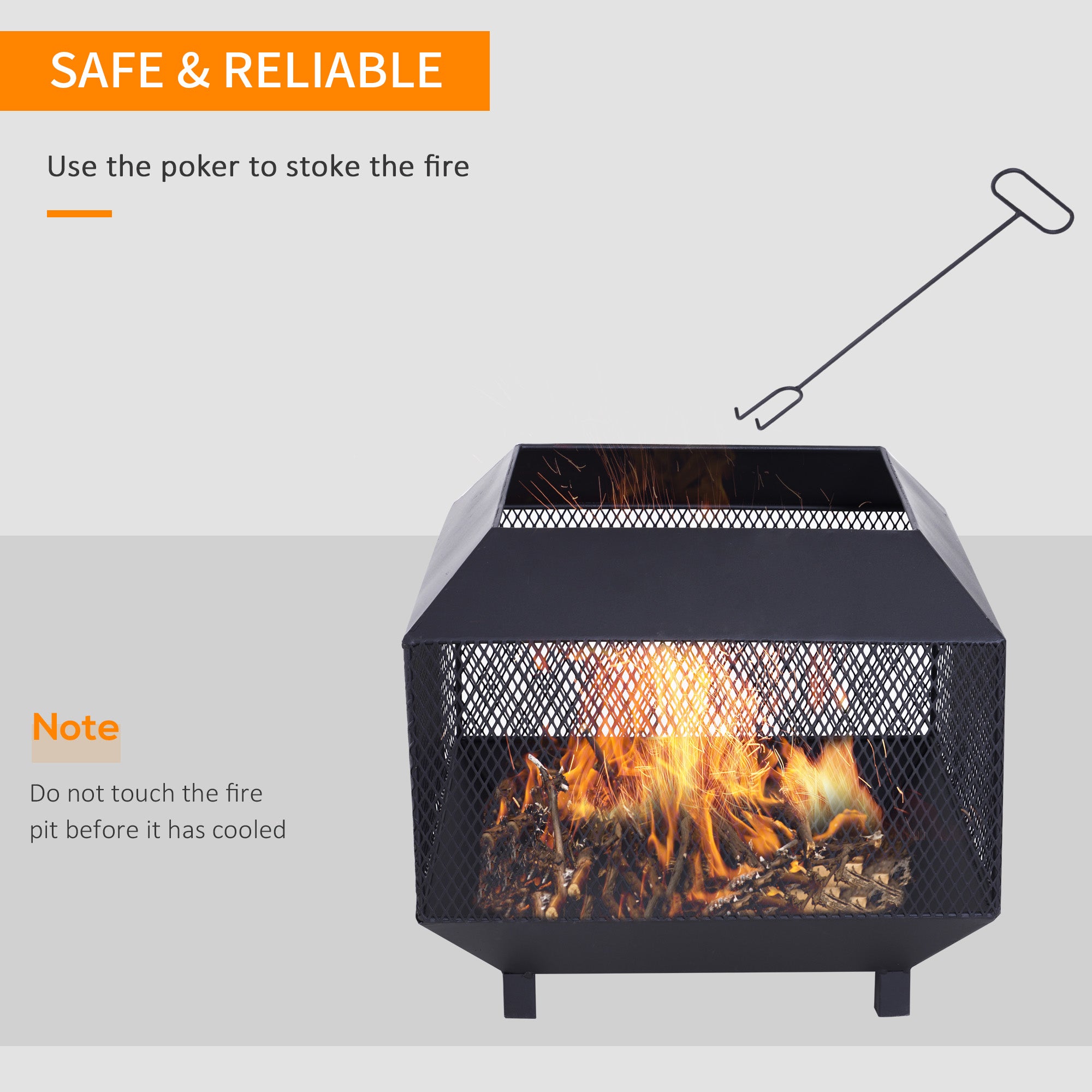 Outsunny Metal Square Fire Pit Outdoor Mesh Firepit Brazier w/ Lid, Log Grate, Poker for Backyard, Camping, Bonfire, Wood Burning Stove, 44 x 44 x 40cm, Black 