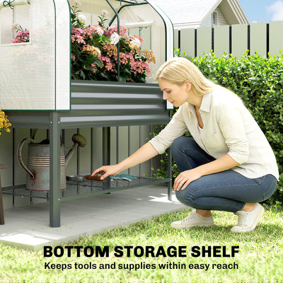 Outsunny Galvanised Raised Planter with Greenhouse Cover, Metal Raised Garden Bed on Legs with Bed Liner and Bottom Shelf 