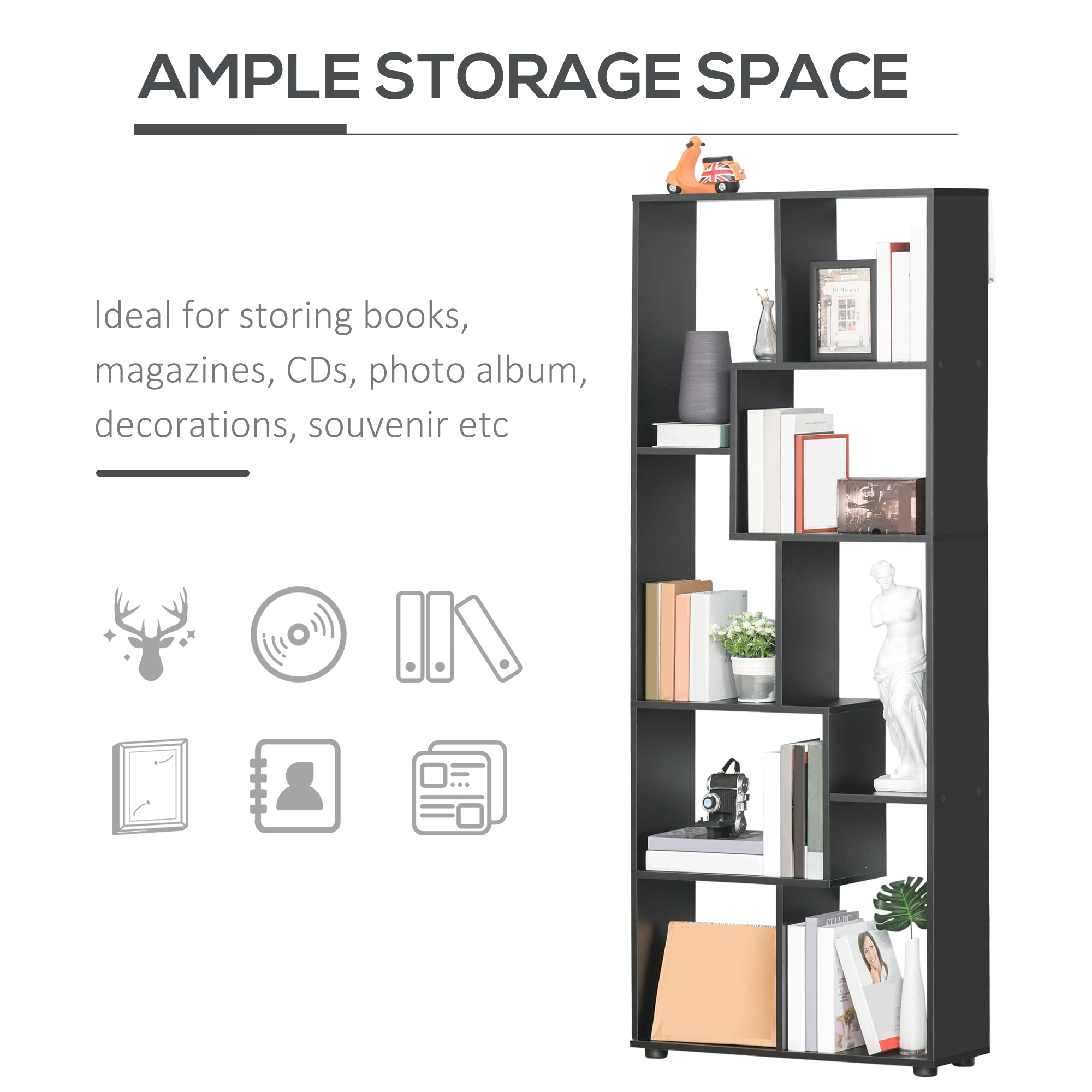HOMCOM 8-Tier Freestanding Bookcase w/ Melamine Surface Anti-Tipping Foot Pads Home Display Storage Grid Stand Bedroom Living Room Furniture Modern Style - Black 