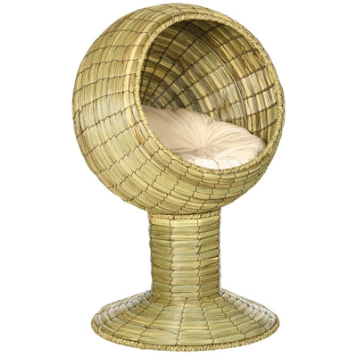 PawHut Raised Detachable Cat house, Natural Mat Grass Cat Bed, with Cushion 