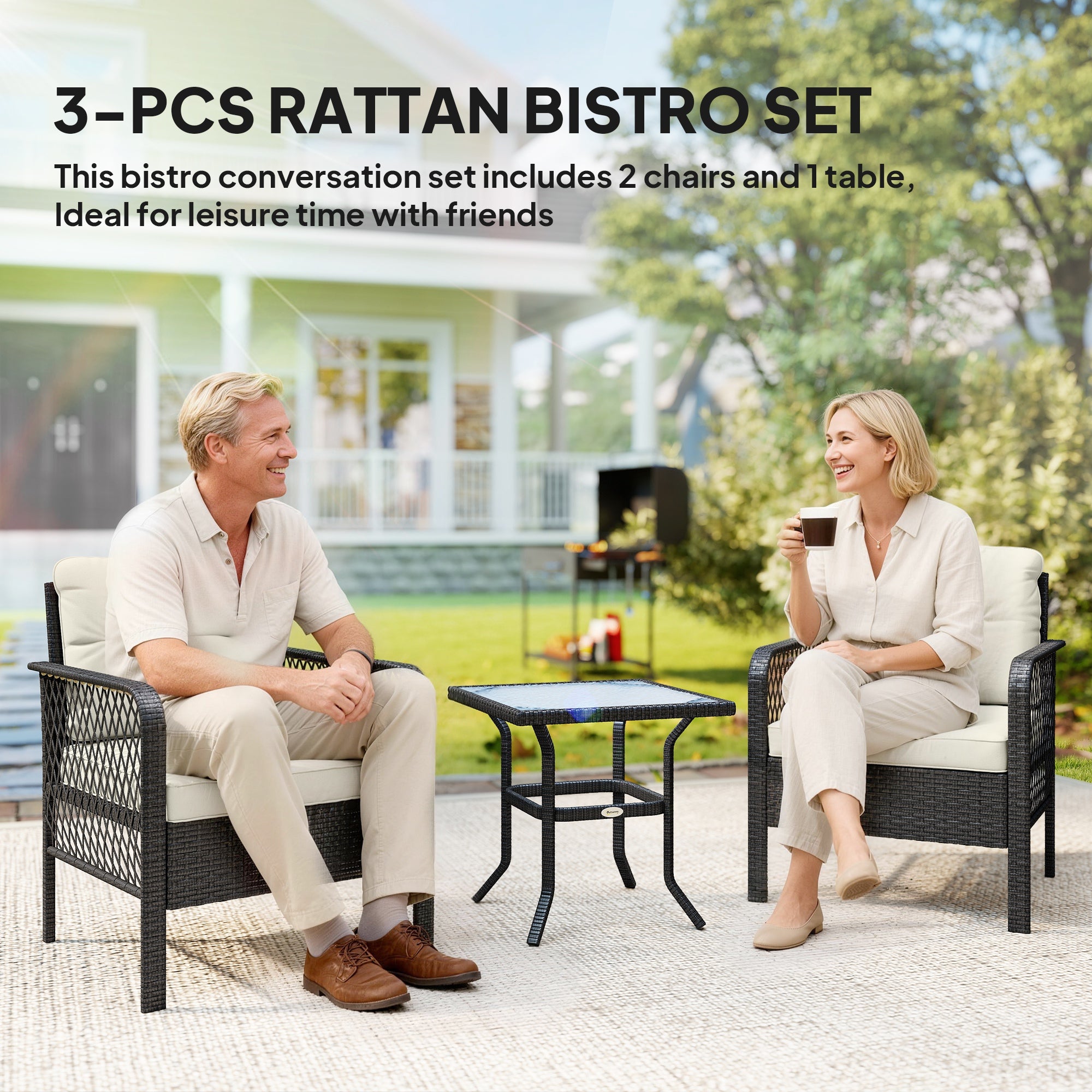 Outsunny 3 Pieces Rattan Bistro Set with Glass Top Coffee Table, Chairs and Cushions for Outdoor, Patio, Balcony, Cream 