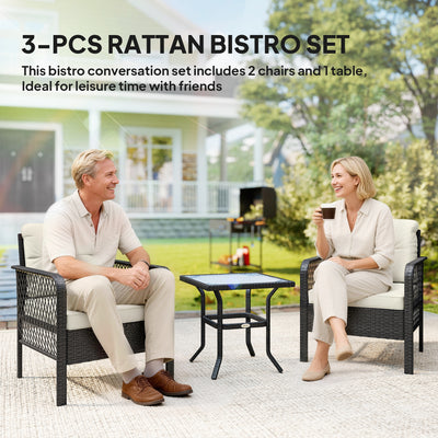 Outsunny 3 Pieces Rattan Bistro Set with Glass Top Coffee Table, Chairs and Cushions for Outdoor, Patio, Balcony, Cream 