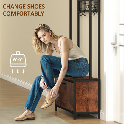 HOMCOM 5-In-1 Industrial-Style Hallway Tree - Brown/Black