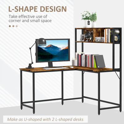 HOMCOM Reversible L Shaped Desk with Hutch, Industrial Computer Desk, Corner Desk with Storage Compartments and Steel Frame for Home Office, Study, 140 x 125cm, Brown 