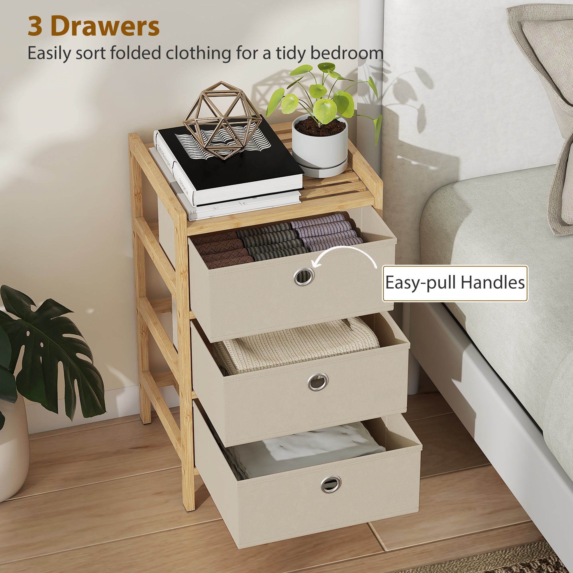 HOMCOM Chest of Drawers, 3 Fabric Drawers Narrow Dresser with Bamboo Frame, Cream White 