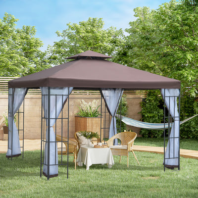 Outsunny 3 x 3(m) Patio Gazebo Canopy Garden Pavilion Tent Shelter with 2 Tier Roof and Mosquito Netting, Steel Frame, Coffee 