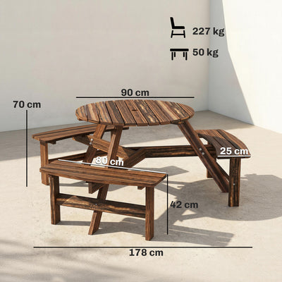 Outsunny Wooden Garden Dining Set, 6 Seater Round Dining Picnic Table with Matching Bench, Garden Furniture Set with Parasol Hole for Outdoor Patio Party and Family Gatherings, Carbonized 
