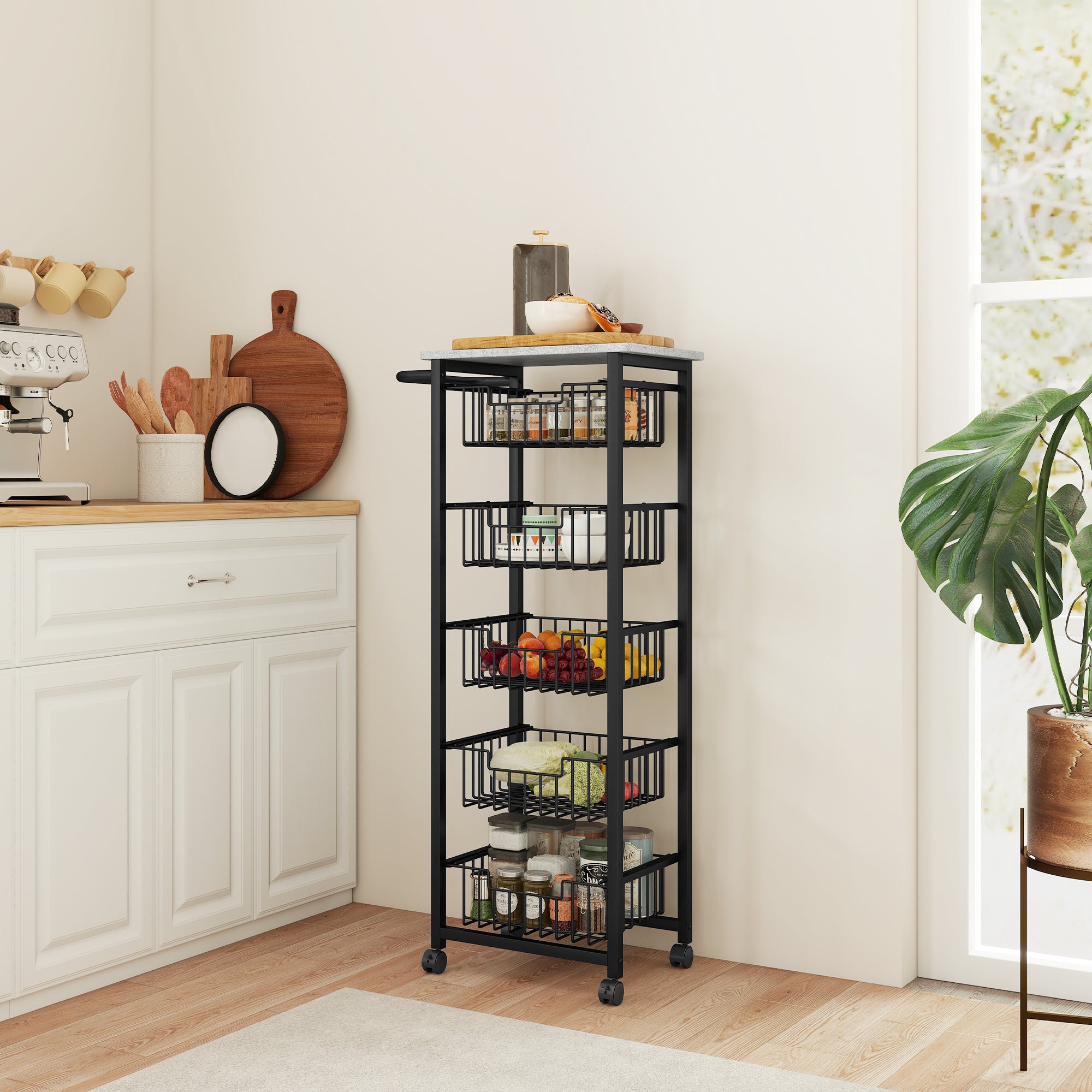 HOMCOM Five Basket Mobile Kitchen Island, with Brakes - Grey/Black 