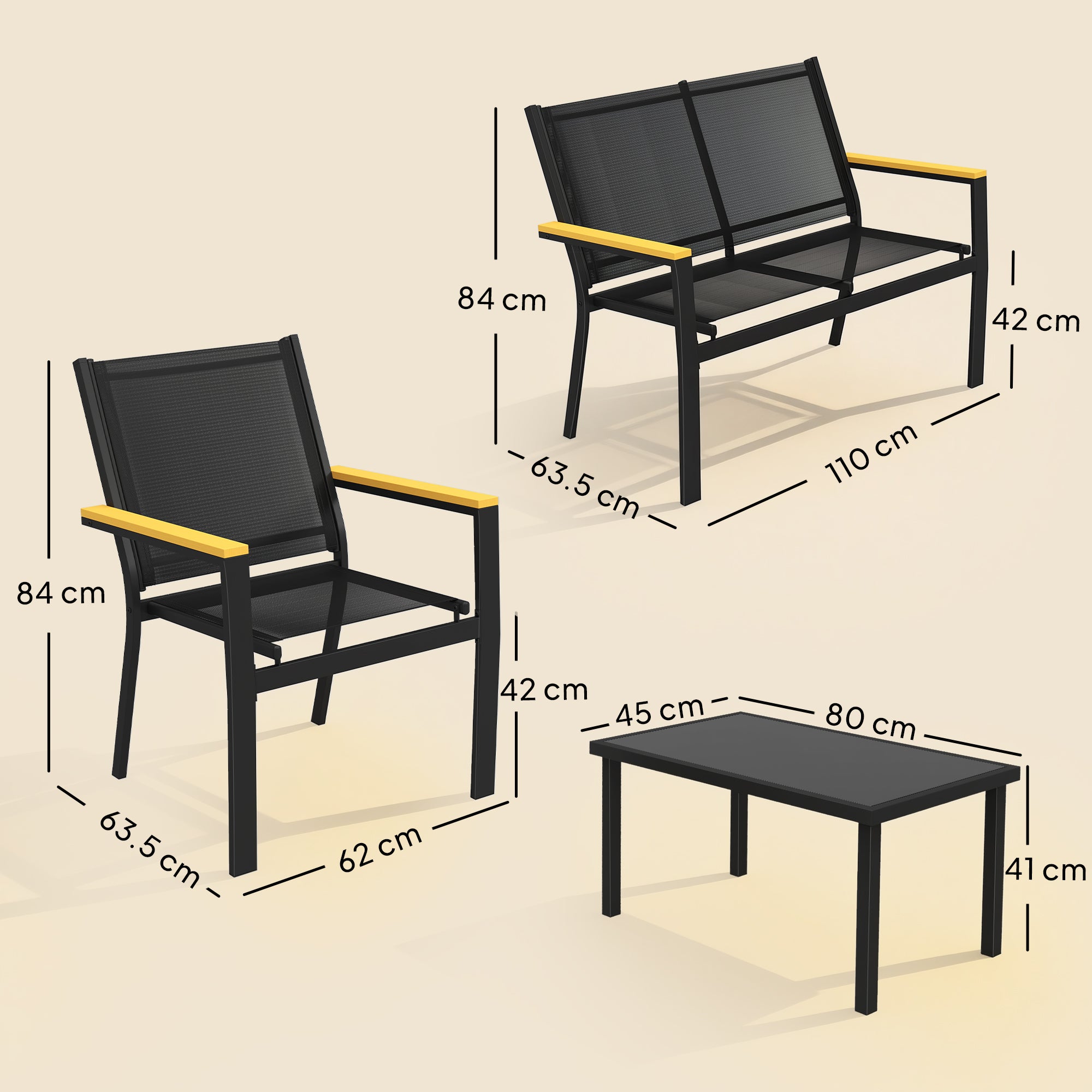 Outsunny Outdoor Sofa 4 Seater Garden Sofa Set with Loveseat 2 Chairs and Coffee Table Black 