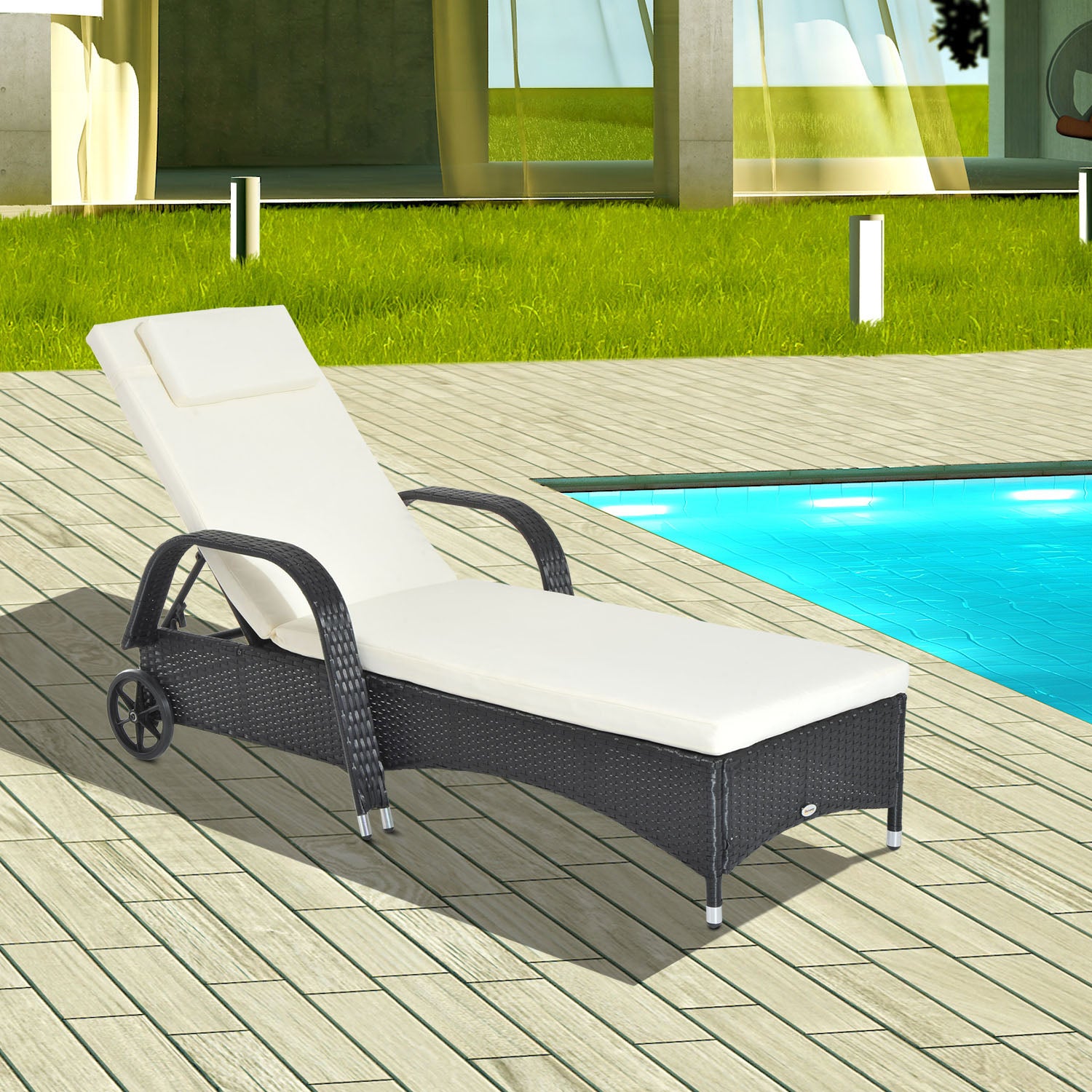 Outsunny Garden Rattan Furniture Single Sun Lounger Recliner Bed Reclining Chair Patio Outdoor Wicker Weave Adjustable Headrest with Fire Retardant Cushion - Black 