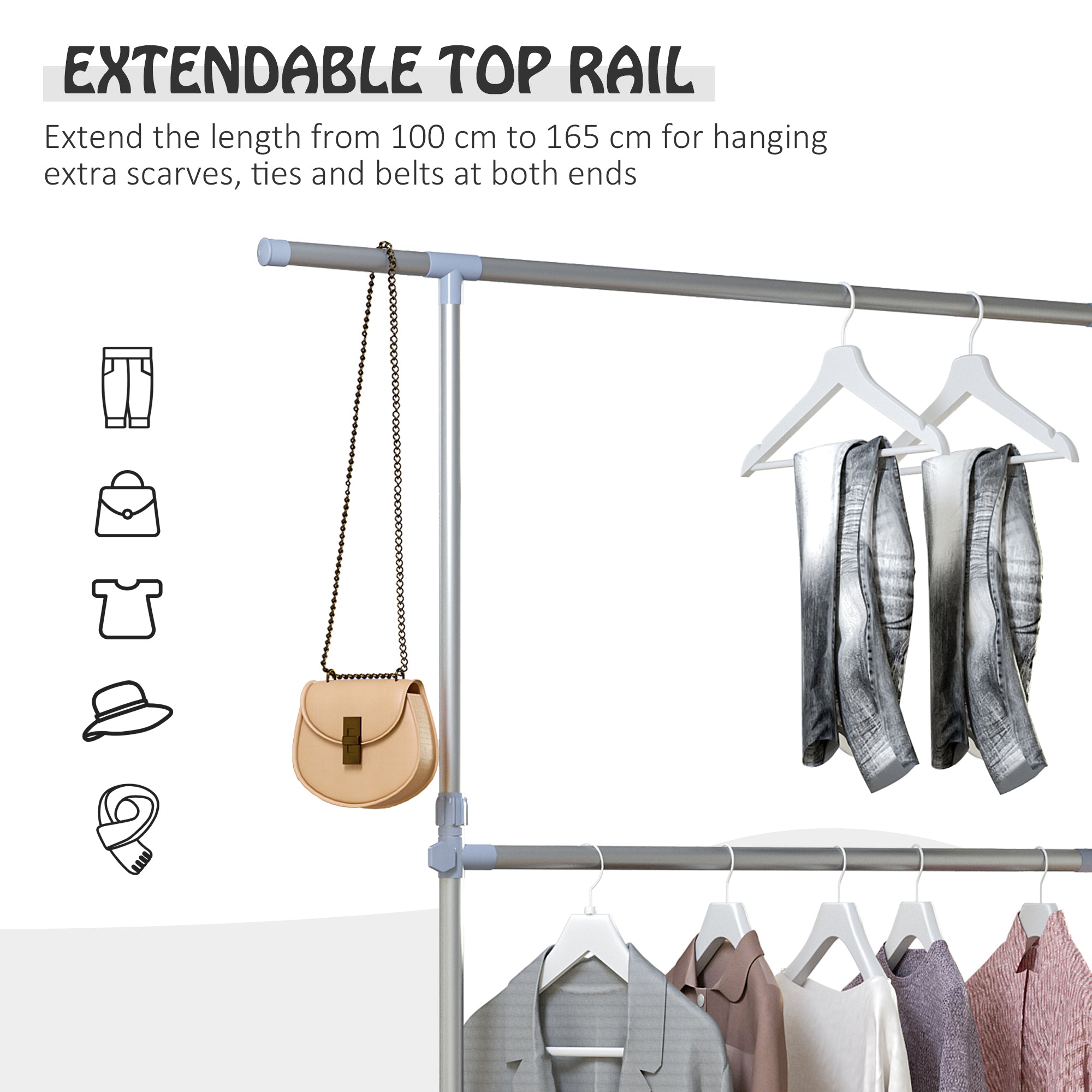HOMCOM Heavy Duty Clothes Hanger Garment Rail Hanging Display Stand Rack w/ Wheels Adjustable 