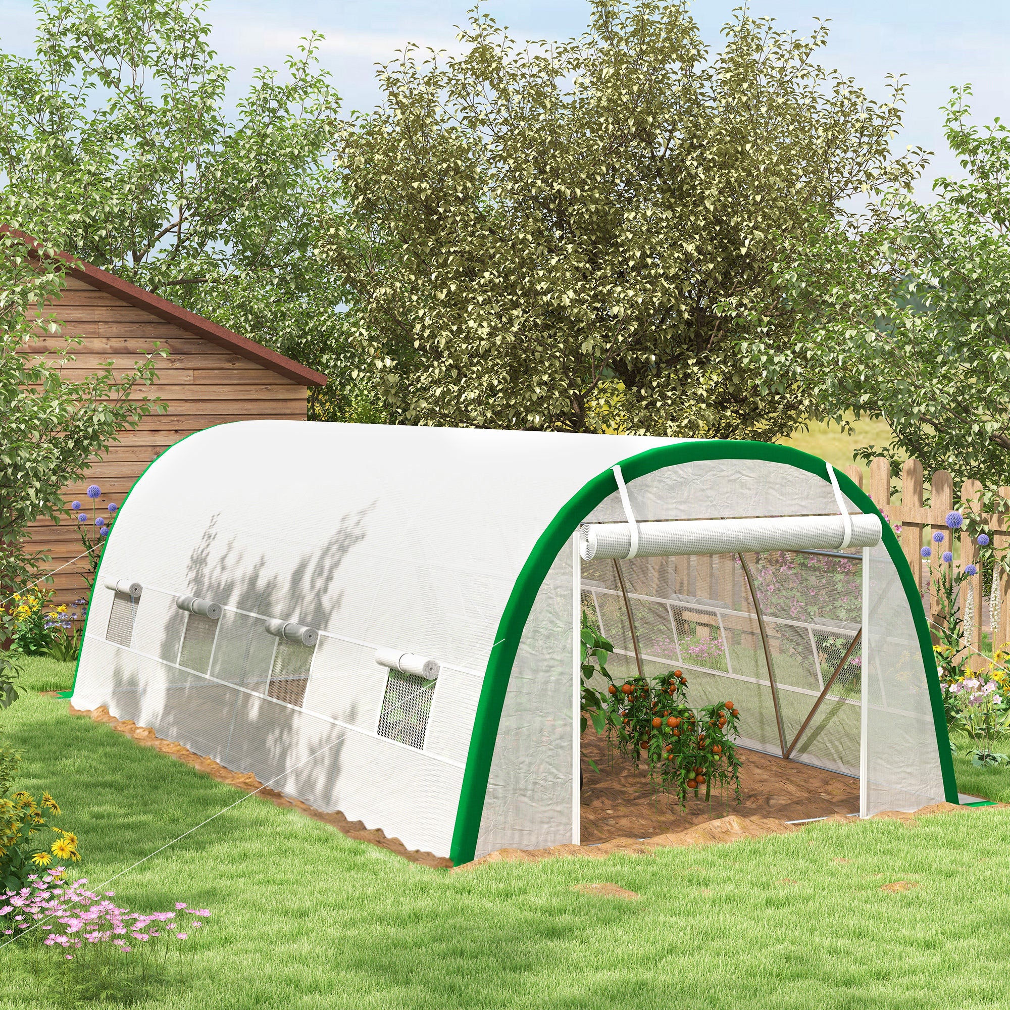 Outsunny Walk-in Polytunnel Greenhouse Tunnel Warm House Tent with Zipped Doors, 8 Mesh Windows, PE Cover, 6 x 3 m, White 