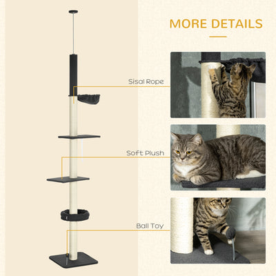 PawHut 240-270cm Floor-To-Ceiling Cat Tree, 5 Tier Cat Climbing Tower, with Bed, Hammock, Platforms, Black and Cream 
