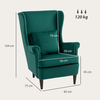 HOMCOM Modern Accent Chair, Upholstered Wingback Armchair with High Backrest and Pillow, Velvet-Feel Fabric Reading Chair with Solid Wood Legs for Living Room, Bedroom, Home Office, Dark Green 