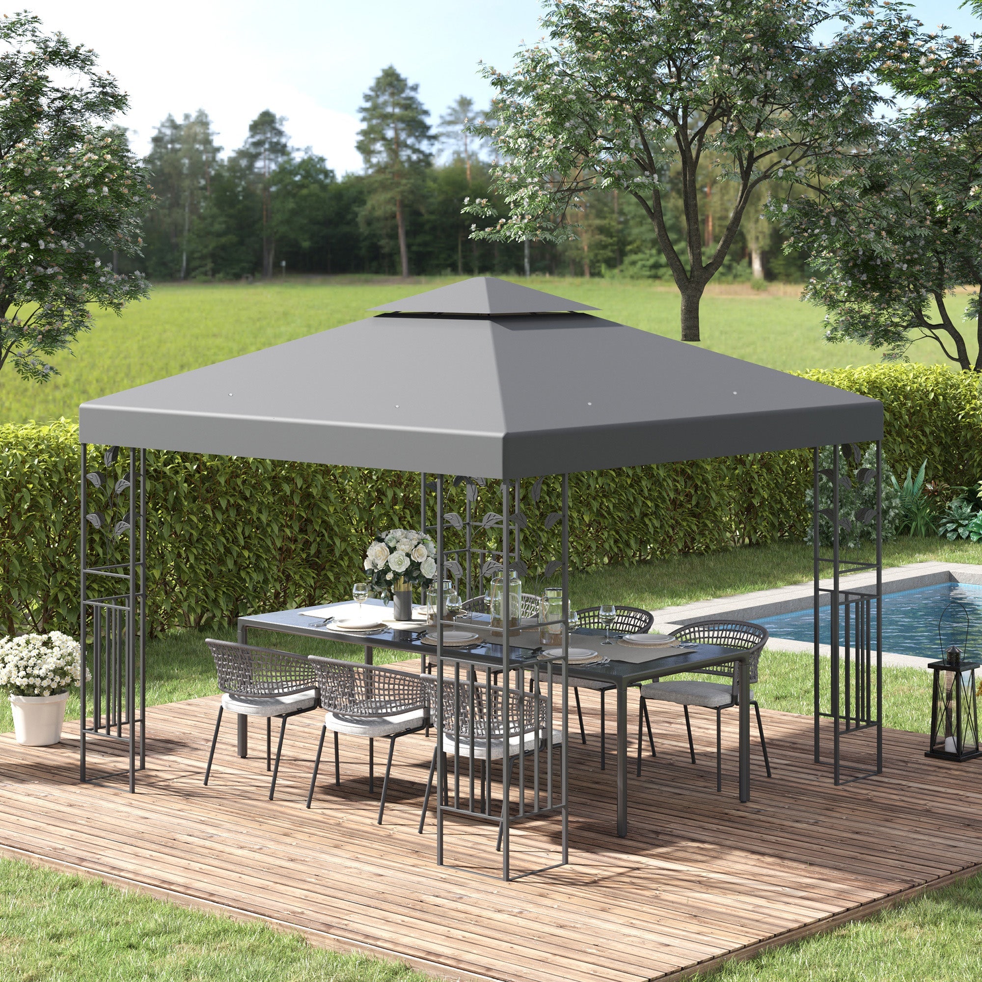 Outsunny 3 x 3m Outdoor Steel Gazebo with 2 Tier Roof, Garden Gazebo Patio Canopy Marquee Shelter with Decorative Steel Frame - Grey 