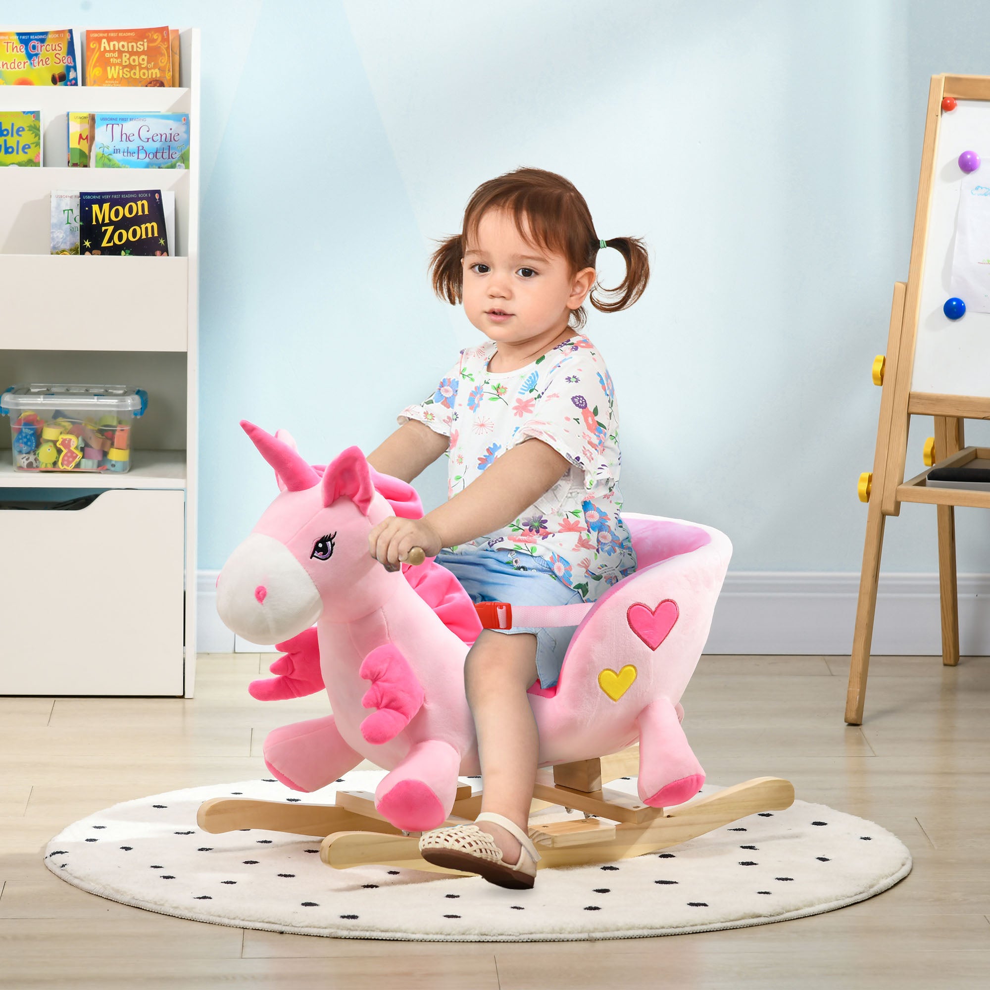 HOMCOM Kids Rocking Horse Ride on Unicorn with Songs, Wooden Base, Seatbelt, for Ages 18-36 Months, Pink 