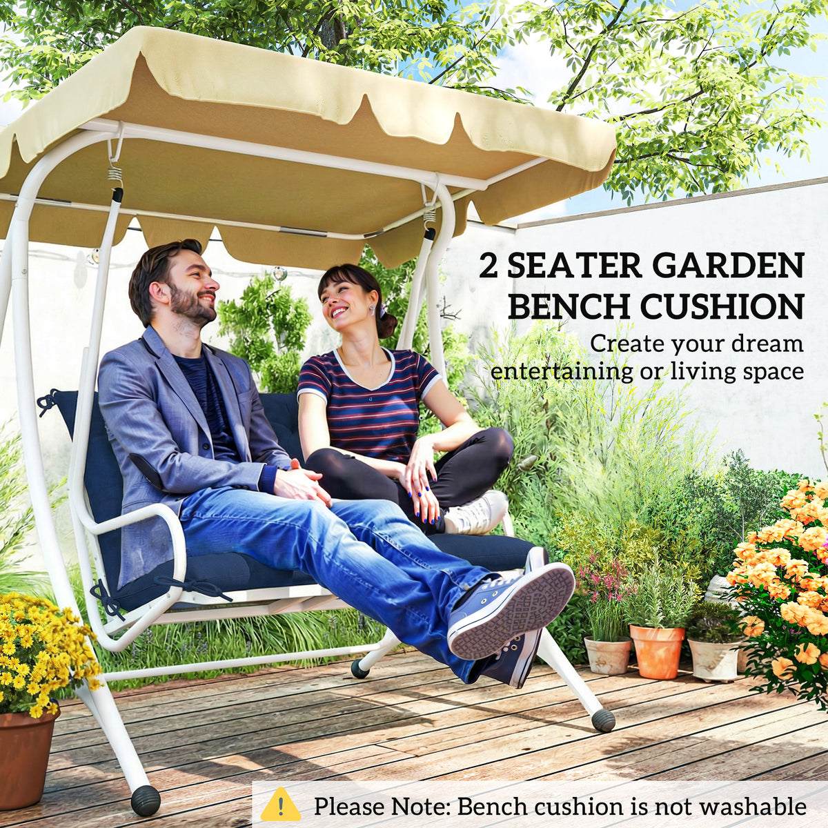 Outsunny 2 Seater Bench Pad, Garden Chair Cushion with Back and Ties for Indoor and Outdoor Use, 98 x 100 cm, Dark Blue 