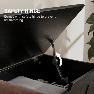 HOMCOM 100L Home Storage Box, with Safety Hinges - Black Wood-Effect 