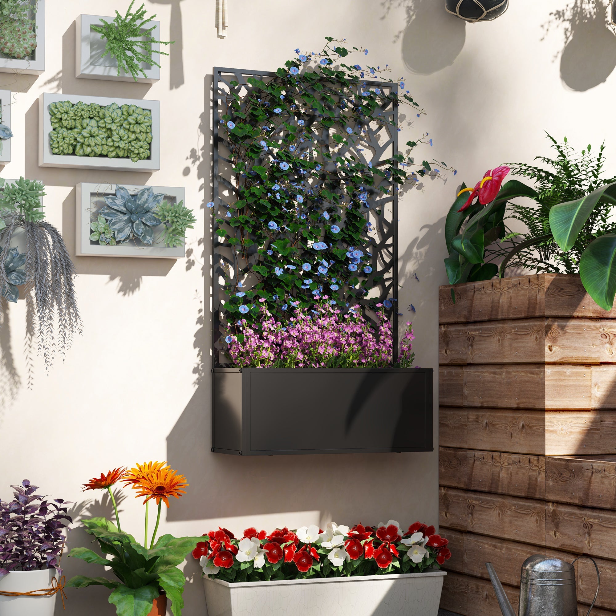Outsunny Outdoor Metal Planter, with Back Trellis - Black 