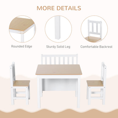 HOMCOM 4-Piece Kids Table and Chair Set with 2 Wooden Chairs, 1 Storage Bench, and Interesting Modern Design, Beige/White 