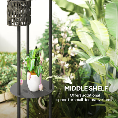Outsunny Boho Rattan Floor Lamp, 3-Lights Rattan Lamp with Shelf, Freestanding Solar Garden Light with Auto On/Off Lights, Grey 