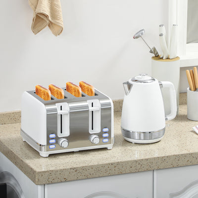 HOMCOM Stainless Steel Kettle and Toaster Set, 1.7L 3000W Rapid Boil Jug Kettle with UK Strix Thermostat, Limescale Filter, 4 Slice Toaster with 7 Browning Controls, Crumb Tray, White and Silver Tone 