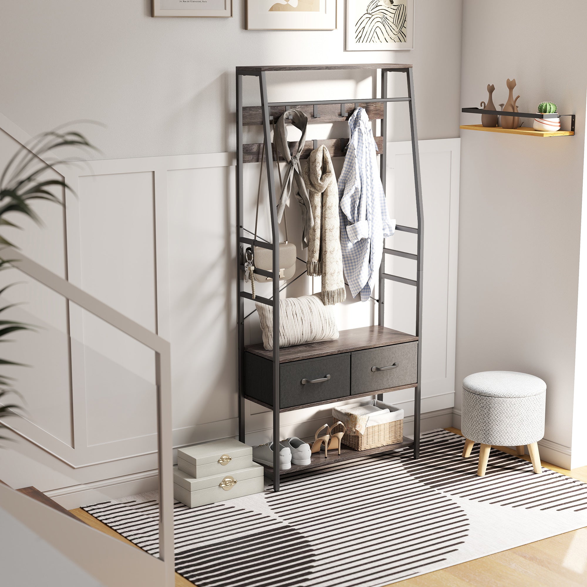 HOMCOM Coat Rack with Shoe Storage, Hall Tree, Industrial Coat Stand with Shoe Bench, 10 Removable Hooks, 2 Fabric Drawers and Clothes Rail for Entryway, Hallway, Grey 