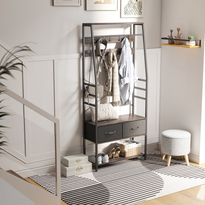 HOMCOM Coat Rack with Shoe Storage, Hall Tree, Industrial Coat Stand with Shoe Bench, 10 Removable Hooks, 2 Fabric Drawers and Clothes Rail for Entryway, Hallway, Grey 