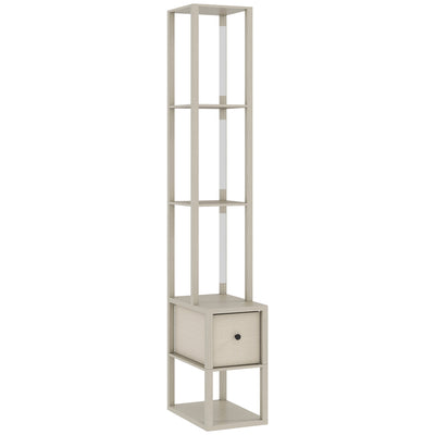 HOMCOM Floor Lamp with Shelves, LED Column Modern Standing Lamp with Fabric Drawer, Adjustable Brightness, Foot Switch for Living Room, Bedroom, Office, Oak 