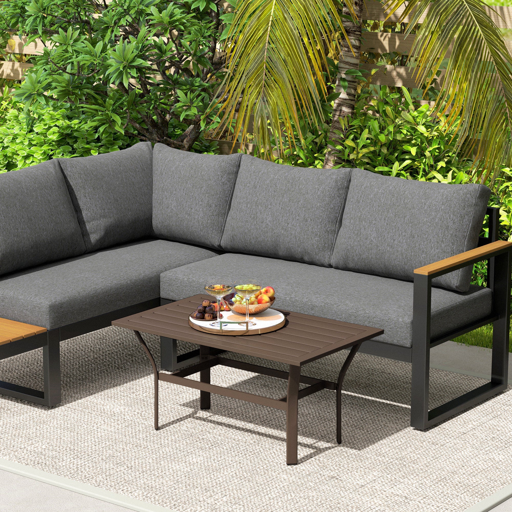 Outsunny Metal Garden Coffee Table, Rectangular Outdoor Side Table with Slatted Tabletop, Foot Pads for Outside, Garden, Balcony, Porch, 91.5 x 55 x 45cm, Brown 