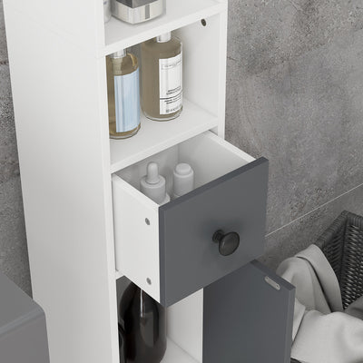 kleankin 180cm Slim Bathroom Cabinet, with Drawer, Shelves and Cupboards - Grey 